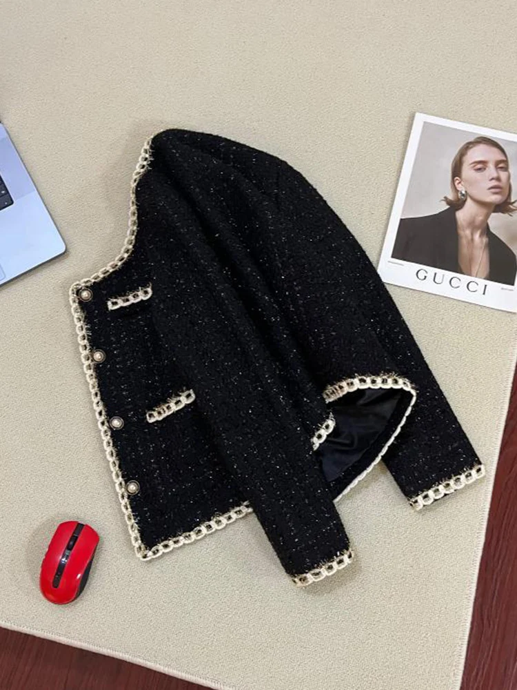 

Elegant Slim Black Tweed Women Vintage Long Sleeve Sweet Coat Fall Winter Korean Casual Female O Neck Retro Tops
