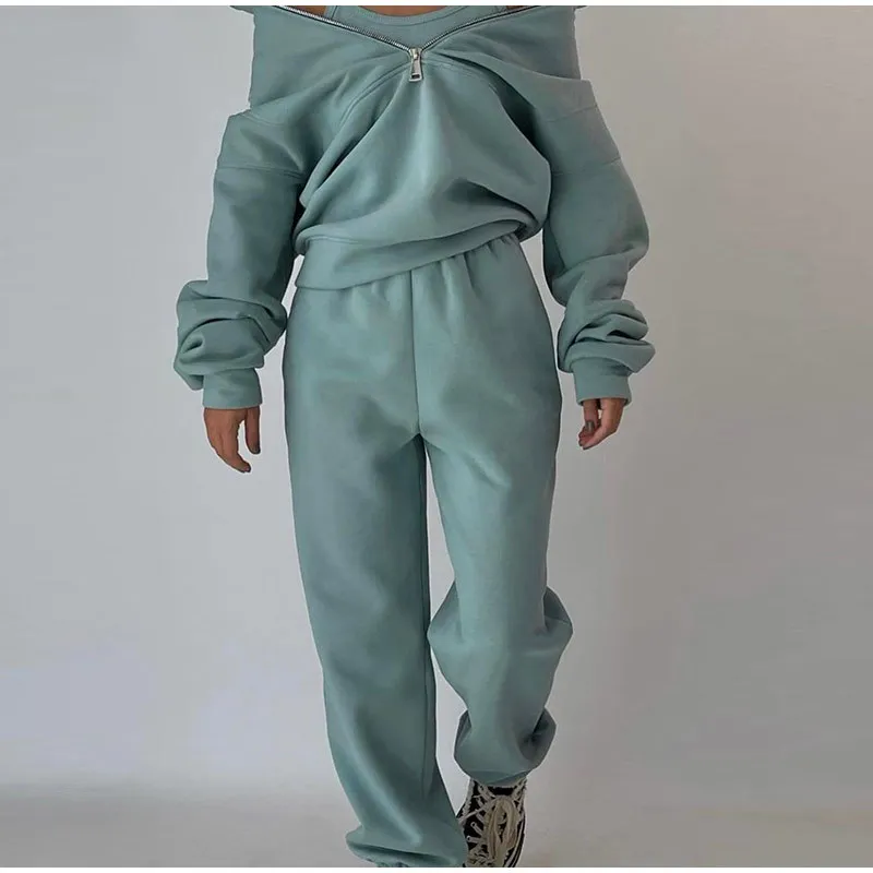 Fashion Women Two Piece Tracksuit Autumn Long Sleeved Half-Zip Loose Jacket with High Waisted Long Pants Lounge Sweatpants Set