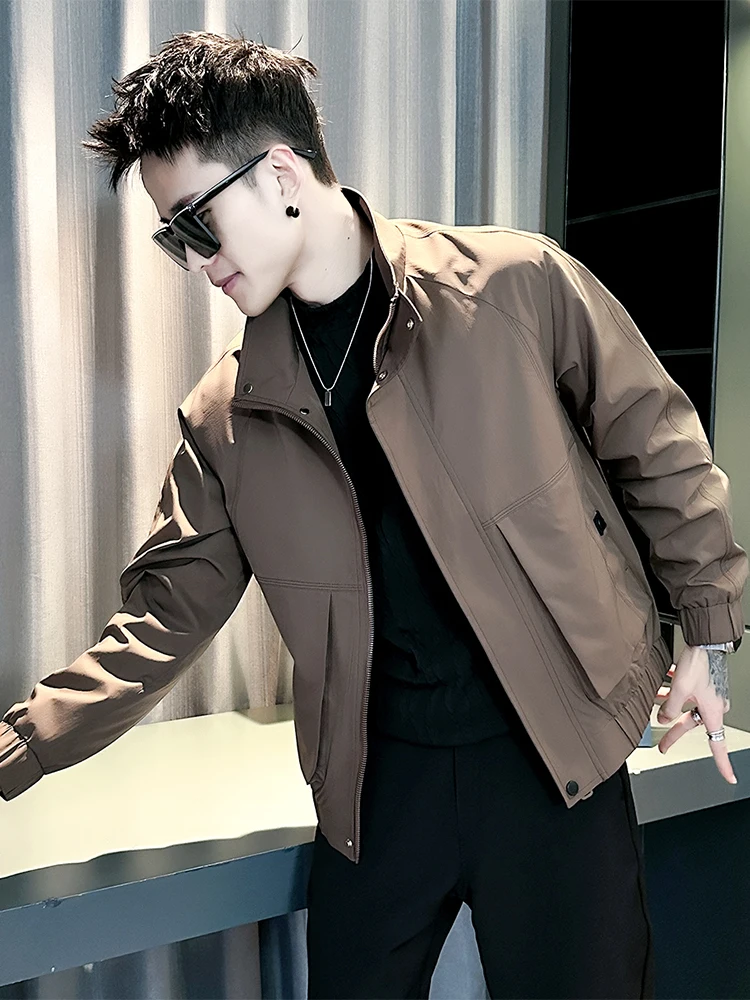 

Men's Brown Stand Collar Jaet Casual Spring Autumn Faion Brand Haome Lightweight Workwear Outerwear Zipper Closure