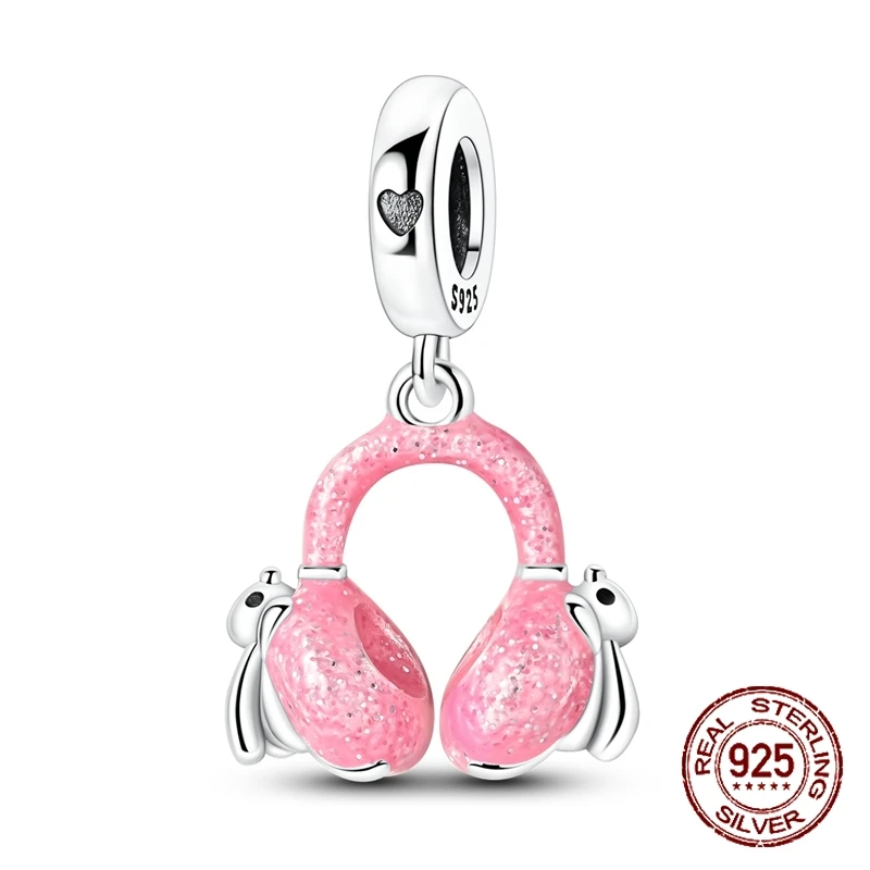 

925 Sterling Silver Adorable Pink Bunny Rabbit Ear Muff Pendant Charm Fit Original Charm Bracelets Women DIY Jewelry Gift