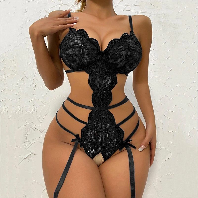 Hot Lace Bodysuit Babydoll Pajamas Set Garter Deep V Open Bra Crotchless Women\'s See-Through Corset Sex Lingerie Exotic Apparel