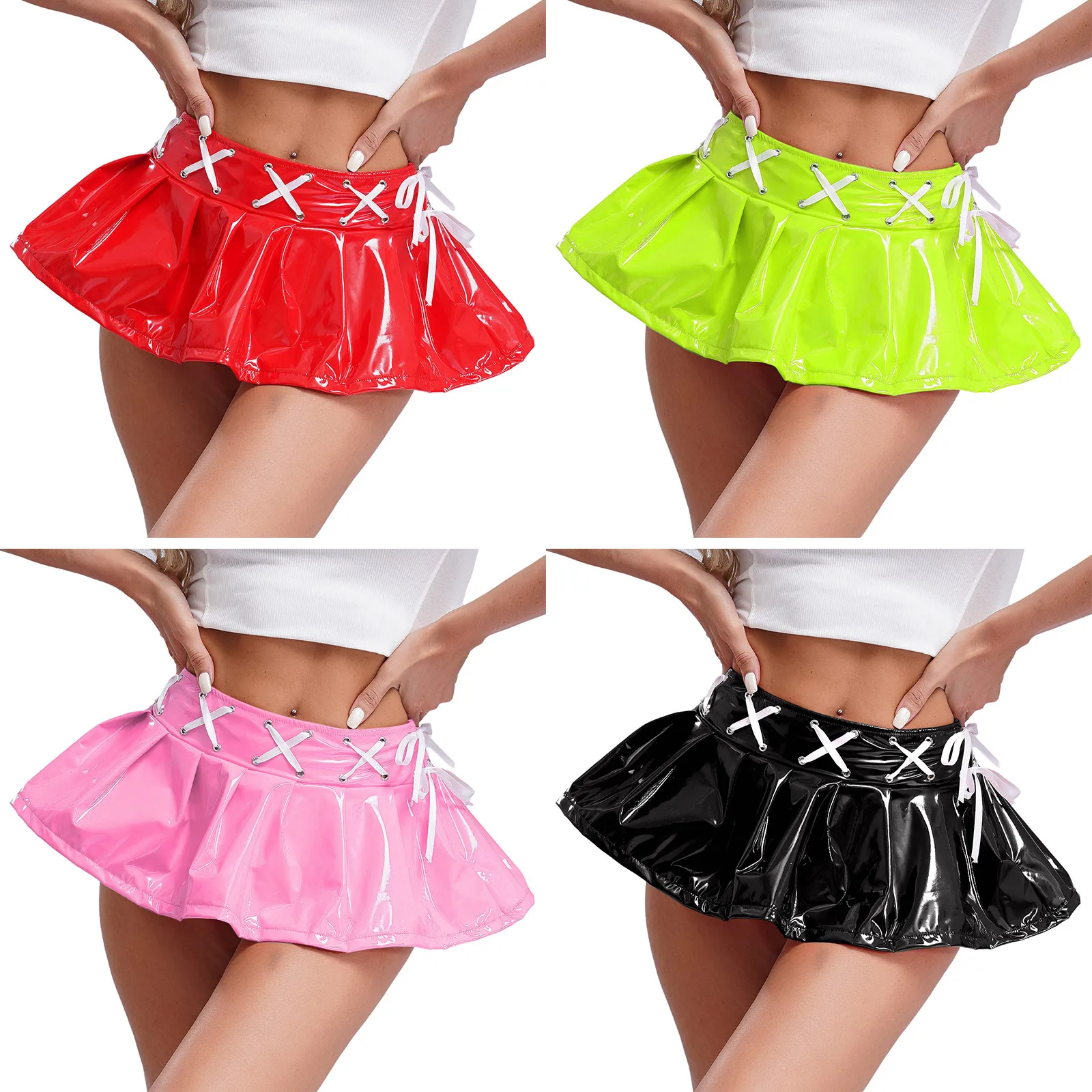 Womens Wet Look Mini Skirt Patent Leather Pleated Skirt Cross Lace-up Ribbon Invisible Zipper Rave Party Clubwear Stage Costume