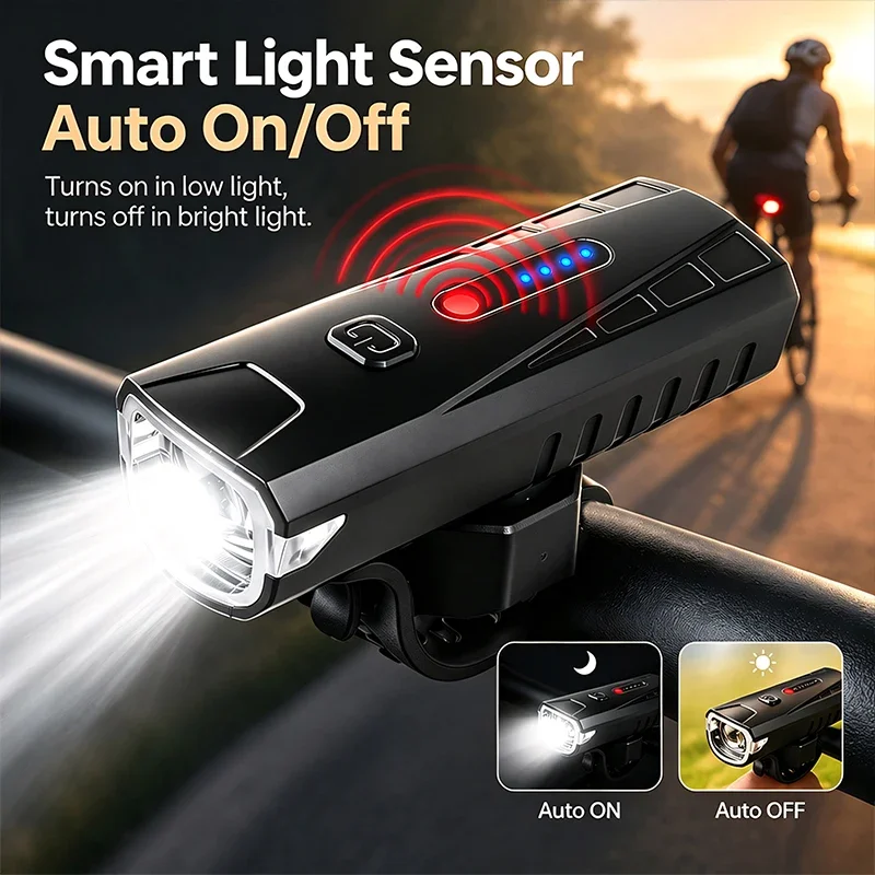 Smart Light-Sensing Bike Front Light, USB Rechargeable, Multi-Level Brightness, High-Brightness Mountain Bike Night Lamp