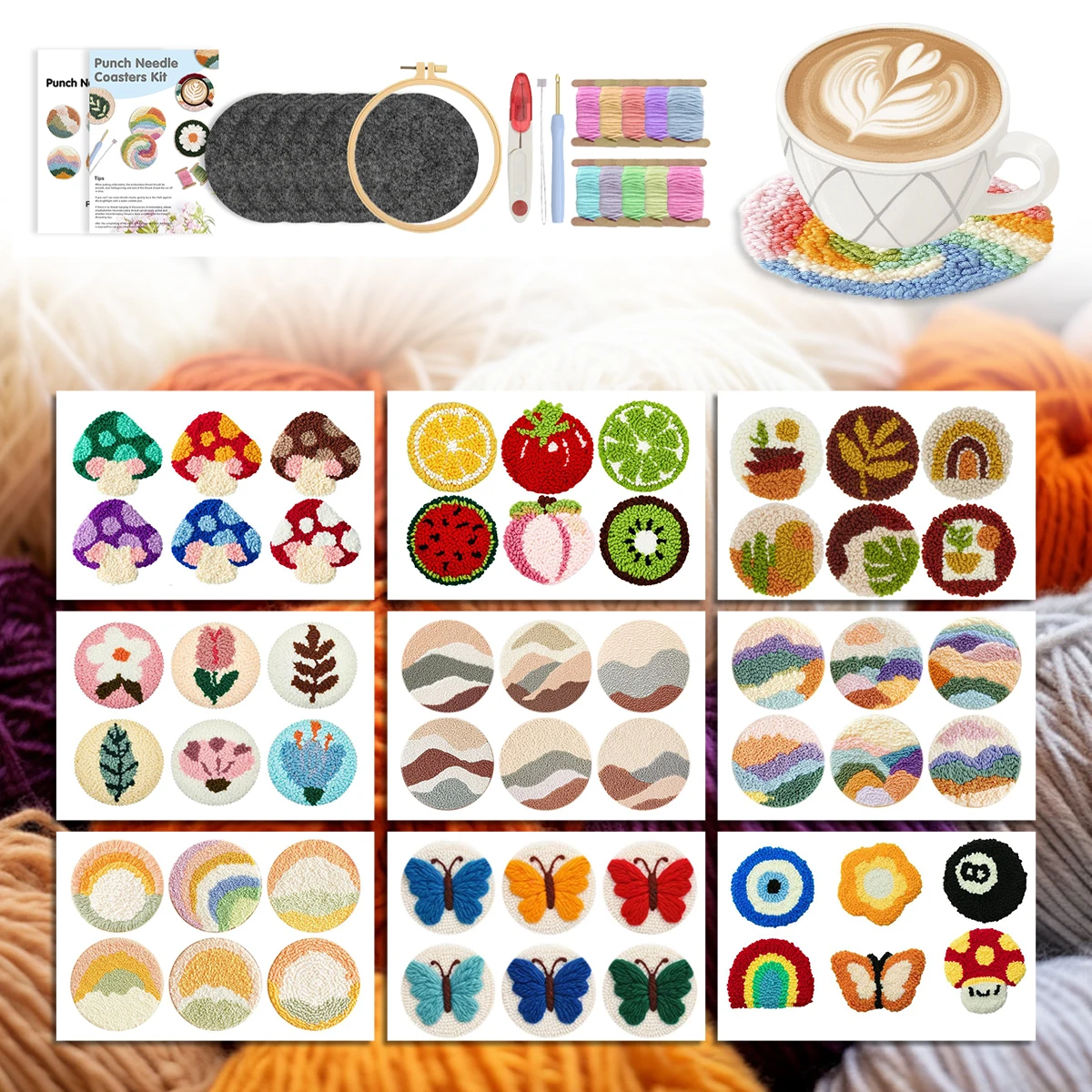 

GATYZTORY Punch Needle Coaster Kit Diy Yarn Sewing Cross Stitch Embroidery Kit cartoon Mini Cute Coaster Set Coasters For Cups