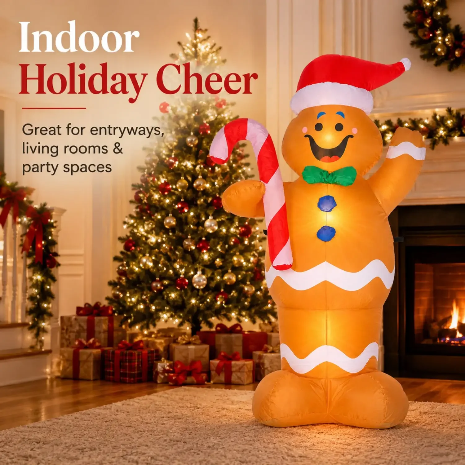 5 Feet Light Up Inflatable Gingerbread Man With Santa Hat & Candy Cane, SFB7530S1A Fan Powered Airblown Christmas Lawn Decor, Weatherproof Holiday Party Display Prop