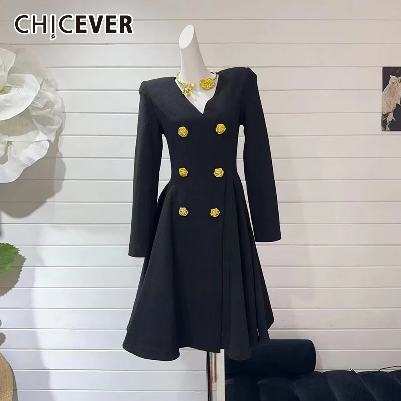 

CHICEVER solid Temperament Spliced Fold Short Dress For Women V Neck Long Sleeve High Waist Patchwork Buttons Dresses Female New