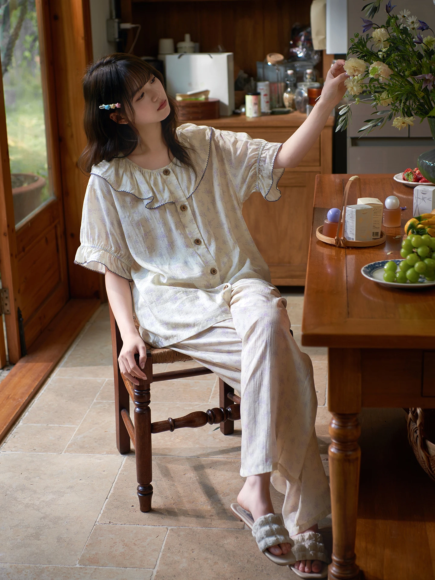 princess-mark-summer-new-sweet-style-women's-sleepwear-linen-short-sleeve-long-pants-cool-feeling-home-clothes-outdoor-wear