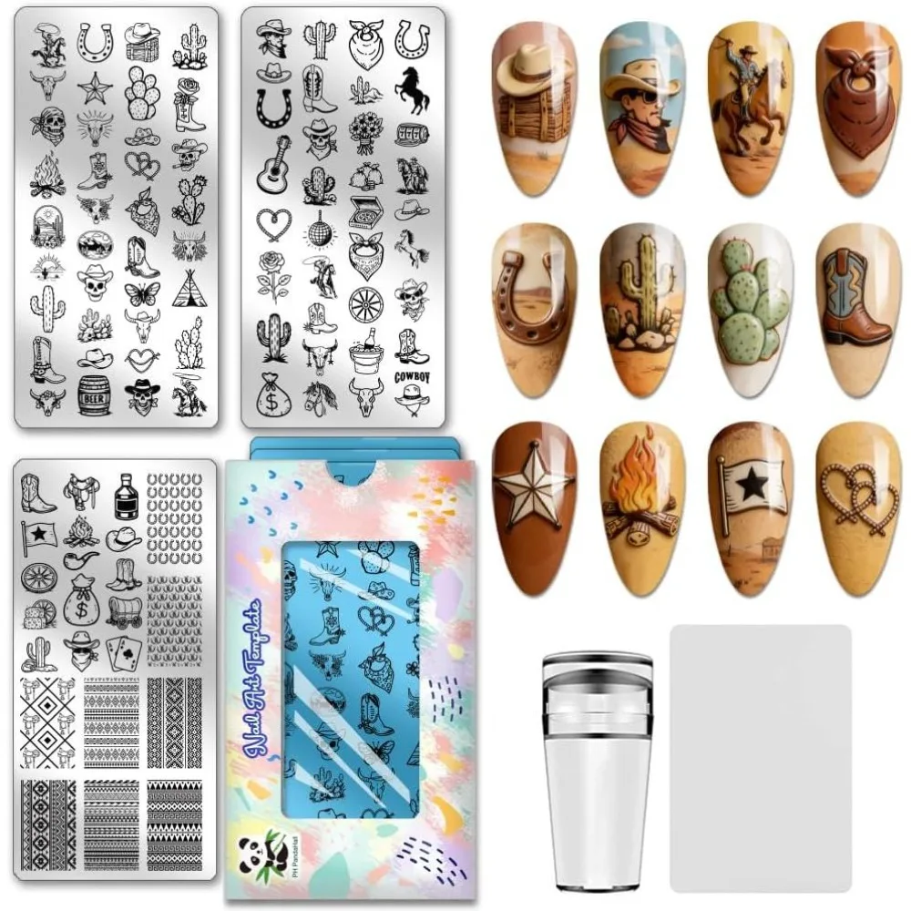 3pcs Western Cowboy Nail Stamping Plates with Tool for Women