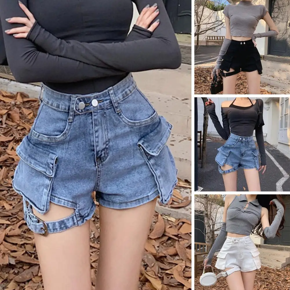 High-waisted Denim Shorts Retro-inspired High Waist Denim Shorts with Flap Pockets Stylish Slim Fit Streetwear for Women's