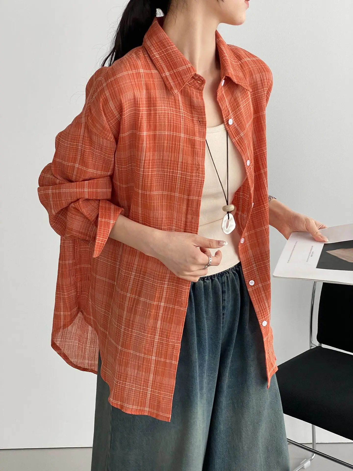 Summer Plaid 100% Cotton Women's Sun Protection Shirt Korean Style Loose Fit Long Sleeve Casual Outerwear Orange Soda Shirt