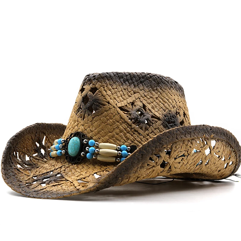 

New Summer khaki Paint Spraying Lafite Straw Cowboy Hats Summer Men Women Wide Brim Sun Protection Hat Panama Beach Cap Adult