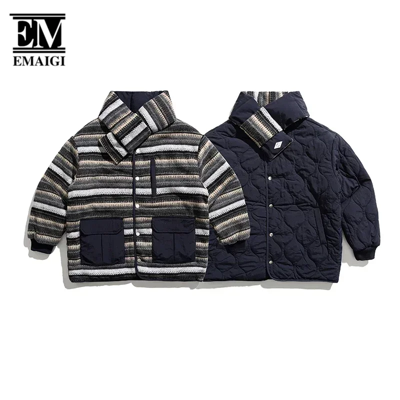 Winter 2-seitig tragbare abnehmbare Schal Kragen Jacke Männer Streifen Woolen Splice gesteppte Streetwear Baumwolle Parkas Jacke Mantel Mann