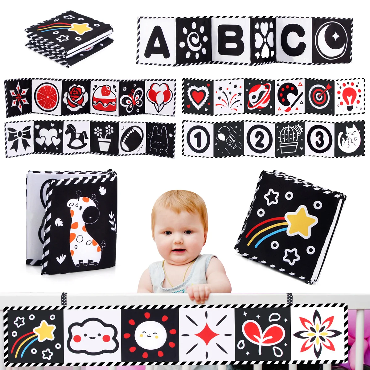 Livre pour bébé noir et blanc à contraste élevé, jouet sensoriel froissé au toucher et au toucher, jouets interactifs de Stimulation visuelle pour nourrissons