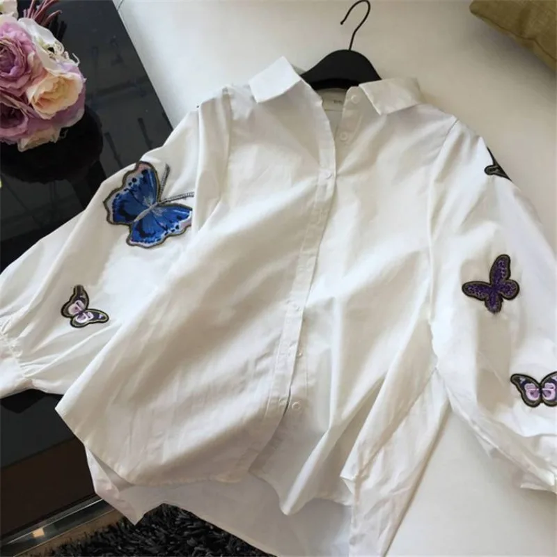 Womens Trendy Butterfly Embroidery Button Up Shirt Simple Casual Lapel 3/4 Sleeve Blouse White Loose Irregular Tops Blusas Mujer