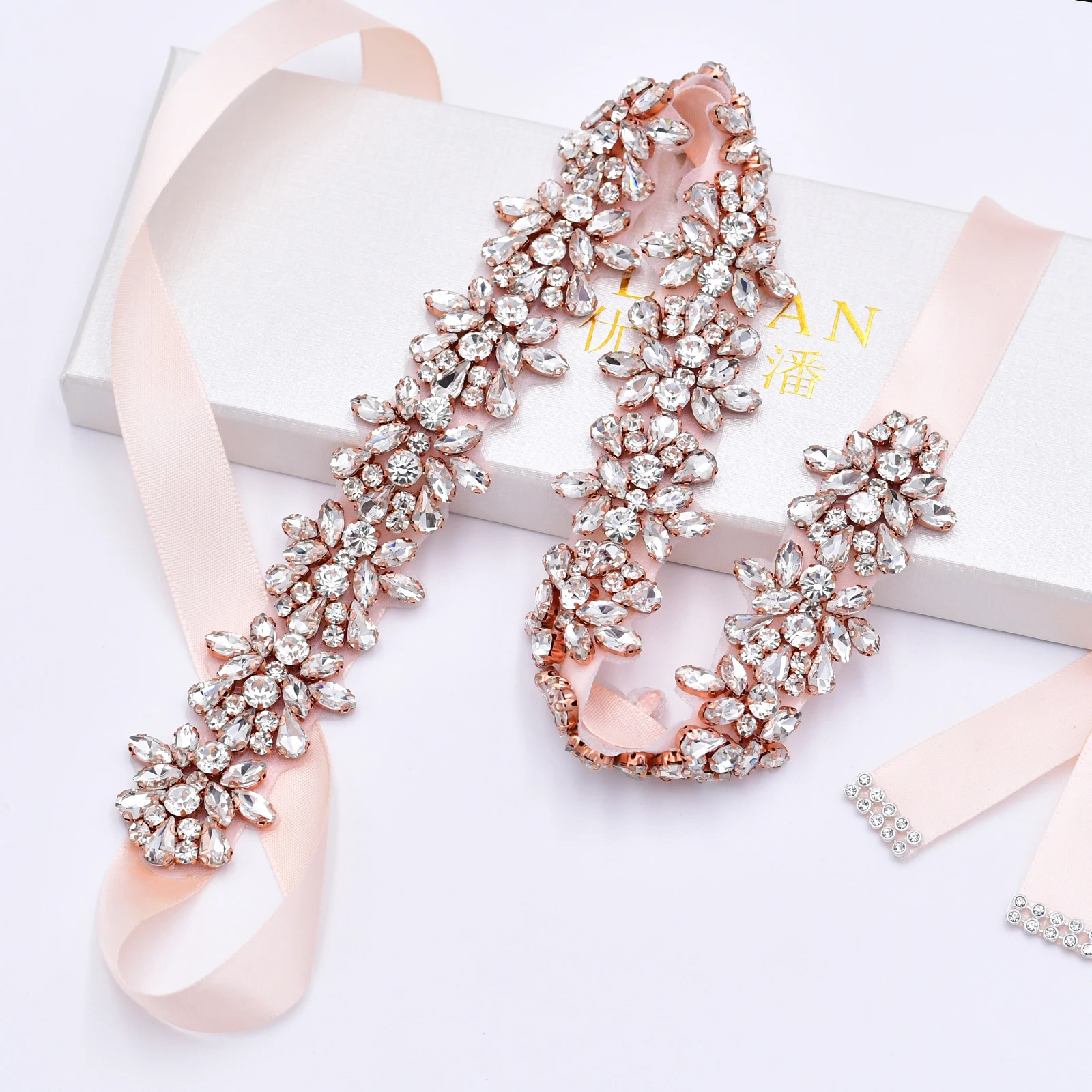 Rose Gold Crystal Strass Bruiloft Riem Diamant Bruids Riem Bruids Sjerp Trouwjurk Riem Voor Vrouwen Party Dress Sash