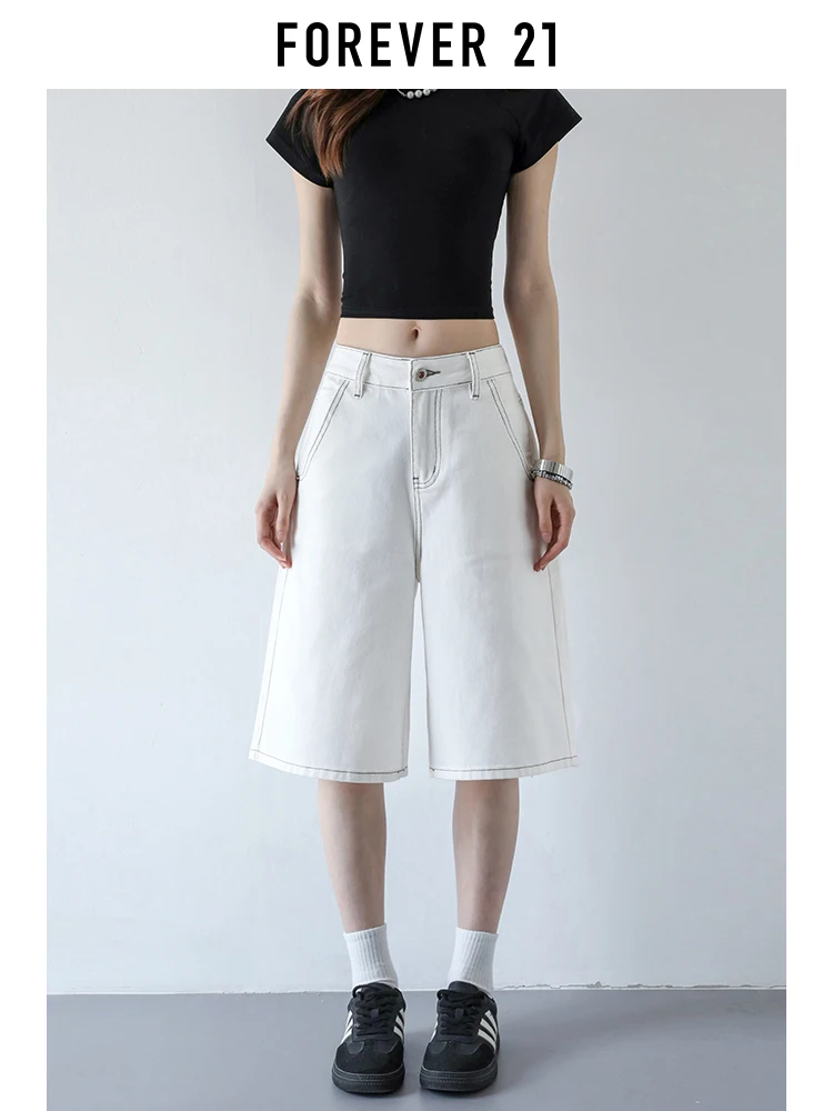 Shorts de Mezclilla Blancos de Cintura Alta y Pierna Ancha Forever 21 para Mujer, Corte Holgado, Estilo Casual, Pantalones Rectos, Primavera-Verano