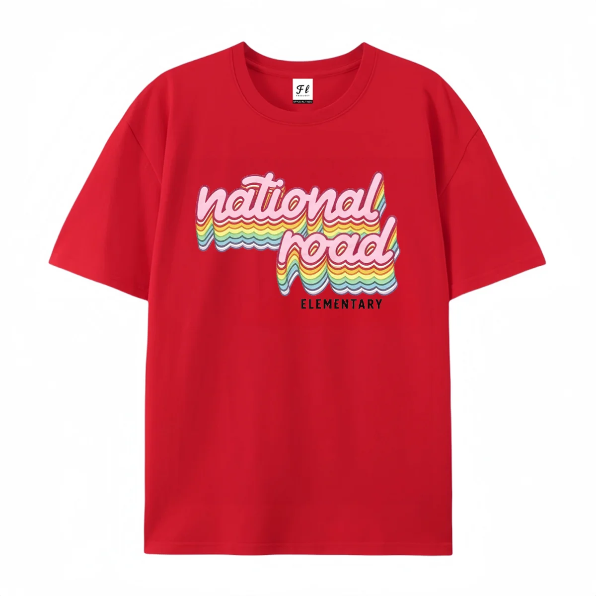 Men Women Casual Short Sleeve T‑Shirt Retro Wavy Rainbow Letter National Road Elementary Graphic Print O Neck Daily Wear Tops Cl