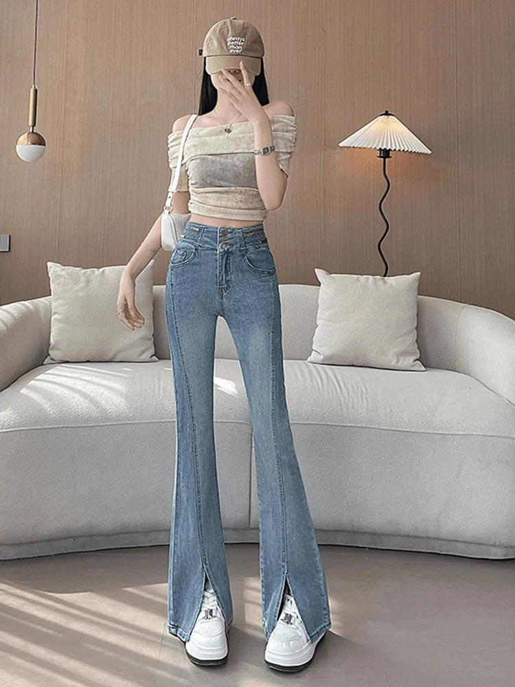 

Женские летние новые повседневные джинсы Slim Fit с высокой талией, микро-клеш, с разрезами, синие, из денима, длина 7/8