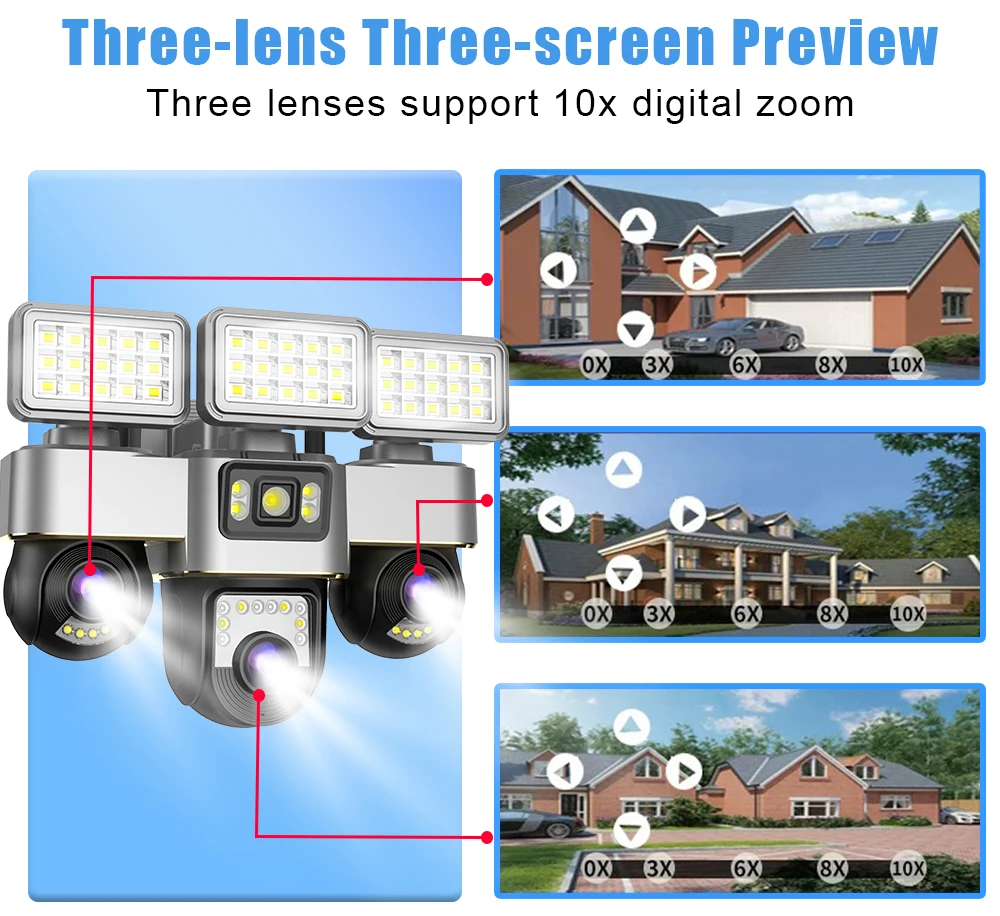 15MP Three Lens Camera Security 4G Sim Card Home Surveillance Cameras With Street Lamp Night Vision Cctv Cam Outdoor Waterproof