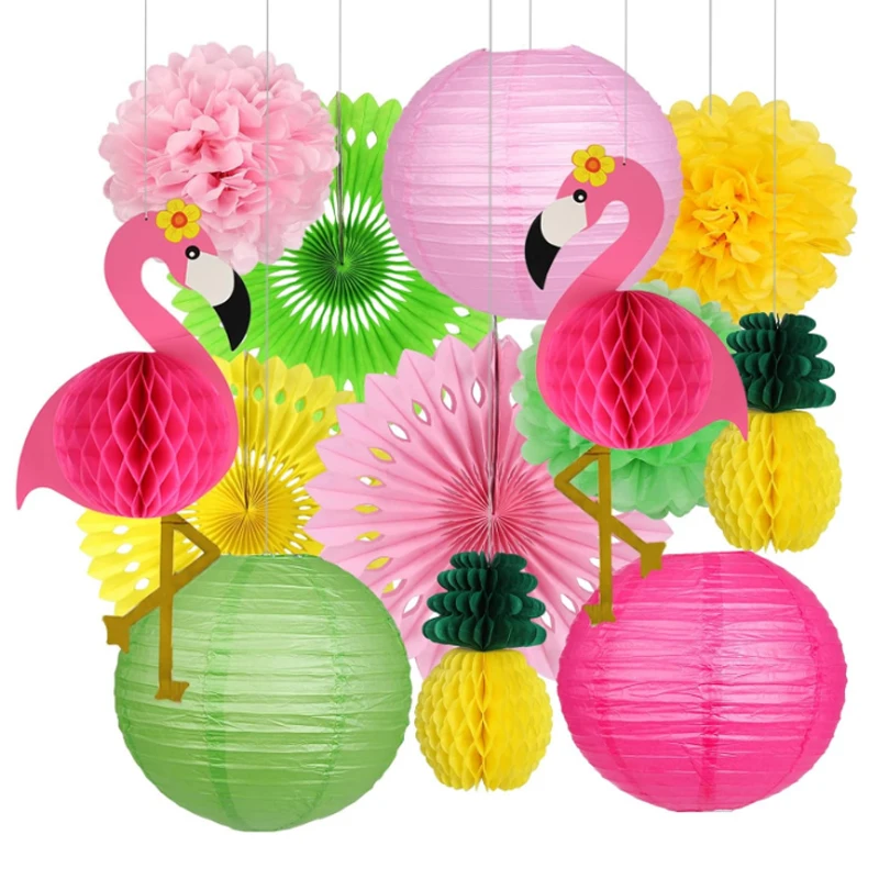13Pcs Flamingo Party Supplies, Hawaiian Party Decorations Flamingo and Pineapple Honeycomb Balls, Paper Lanterns, Paper Fans, Pom-Poms, Flowers for Birthday, Hawaiian Tropical Bachelor Party