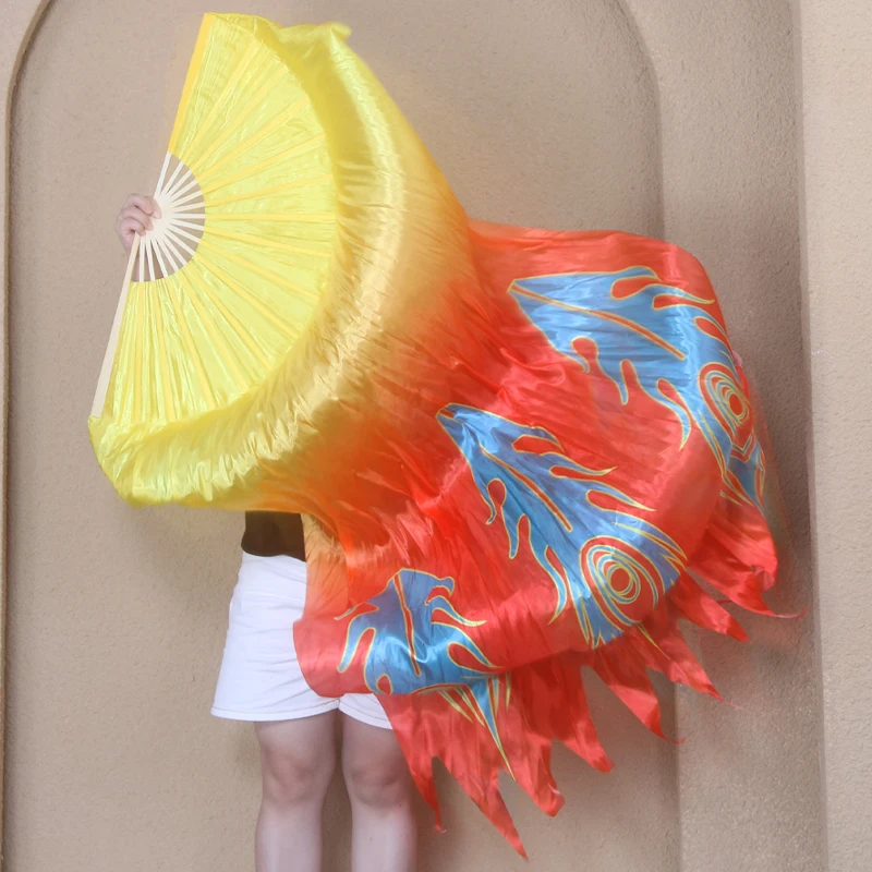 

1PC Right hand Fire Fan Veil Belly Dance Long Fan With Cut Strong Bamboo Rib Phoenix Printed Women Dance Practice Props Fan Veil