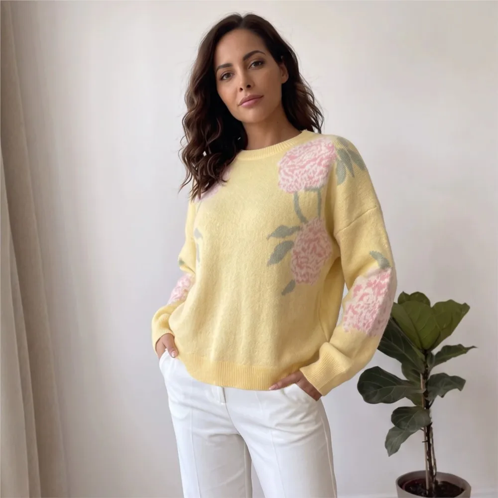 MsChuh Casual Women Jumper All-match Loose Simple Style Sweater Pulls Femmes Comfortable Fresh And Sweet Daily Flower Round Neck