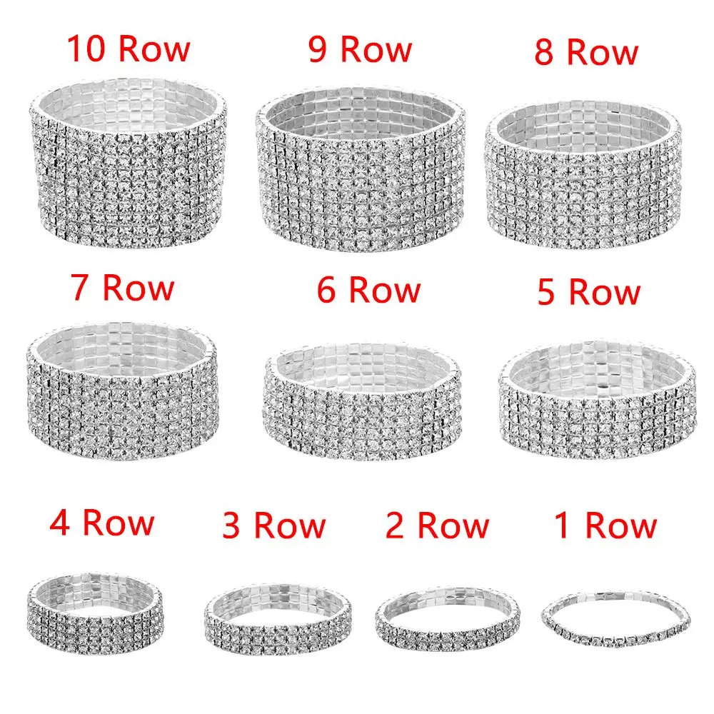 1-10 Rows Fashion Bridal Woman Stretch Bracelet  Crystal Rhinestone Wristband Elastic Bangle