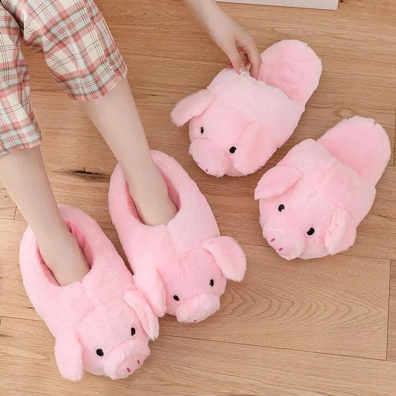 Divertidas zapatillas de cerdito rosa para interiores, chanclas cálidas de piel de animal, zapatos cortos de felpa para mujer, zapatillas de deporte de piel para el hogar