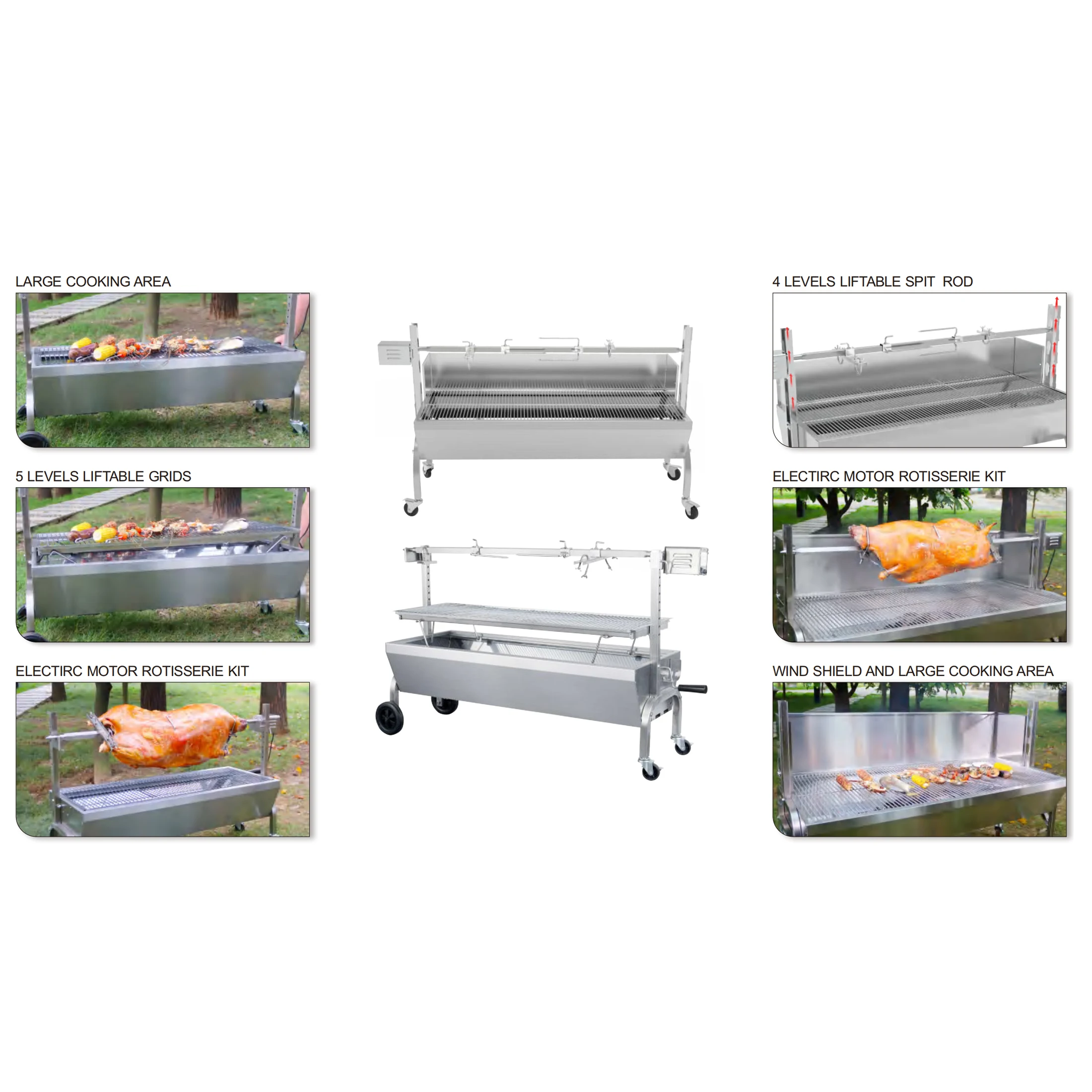 Commercial Lamb Roaster Oven, 1.1m & 1.5m Charcoal & Gas Dual Fuel BBQ Grill with Electric Rotisserie, Large Capacity