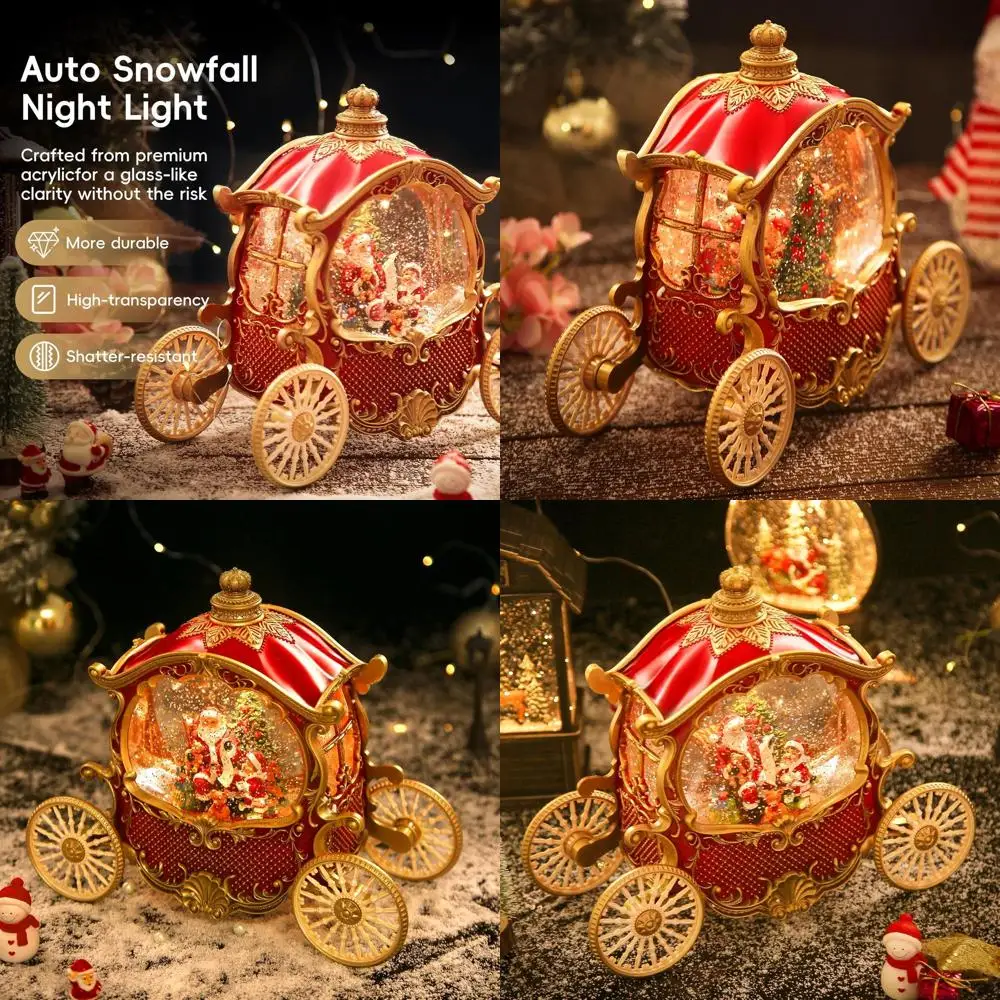 

Vintage 8-Song Santa Snow Globe Carriage, Musical Box with Automatic Snowfall, LED Light, USB/Battery Powered, Red Christmas Dec