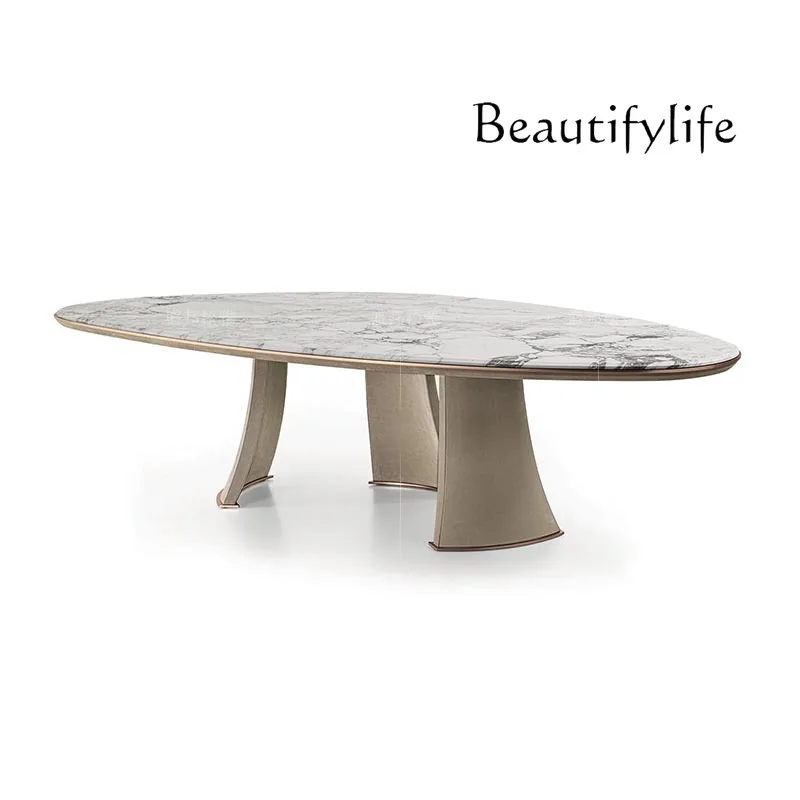 

Light luxury marble oval dining table restaurant dinner high-end solid wood stainless steel dining table and chairs