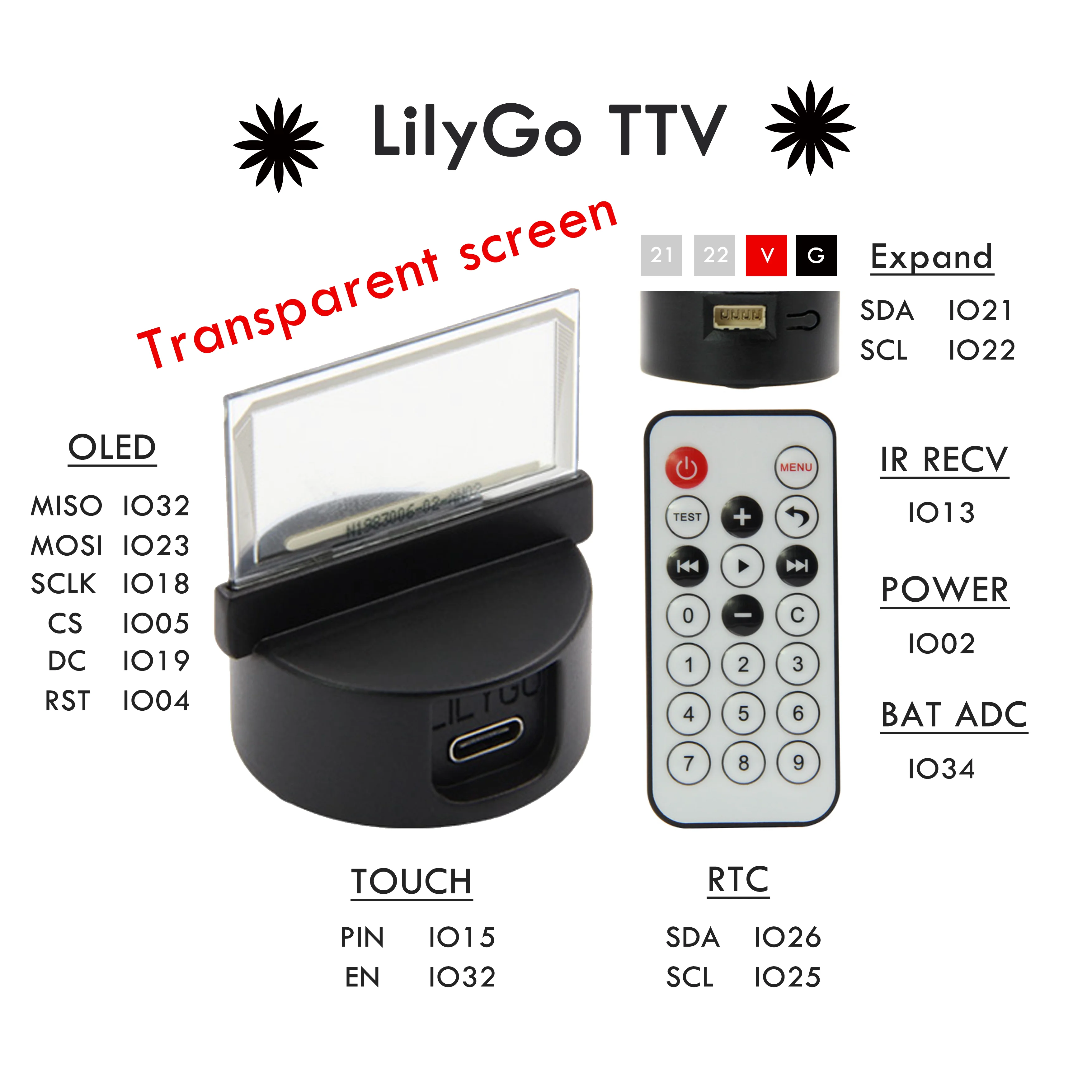 LILYGO TTV Transparent OLED Display Programmable Desktop TV with IR Remote Control & ESP32