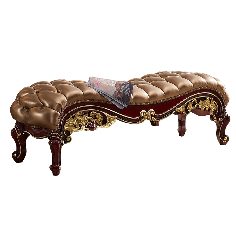 Bedroom luxury leather bedside tatami before shoe changing stool chair solid wood carving flower sofa pedal