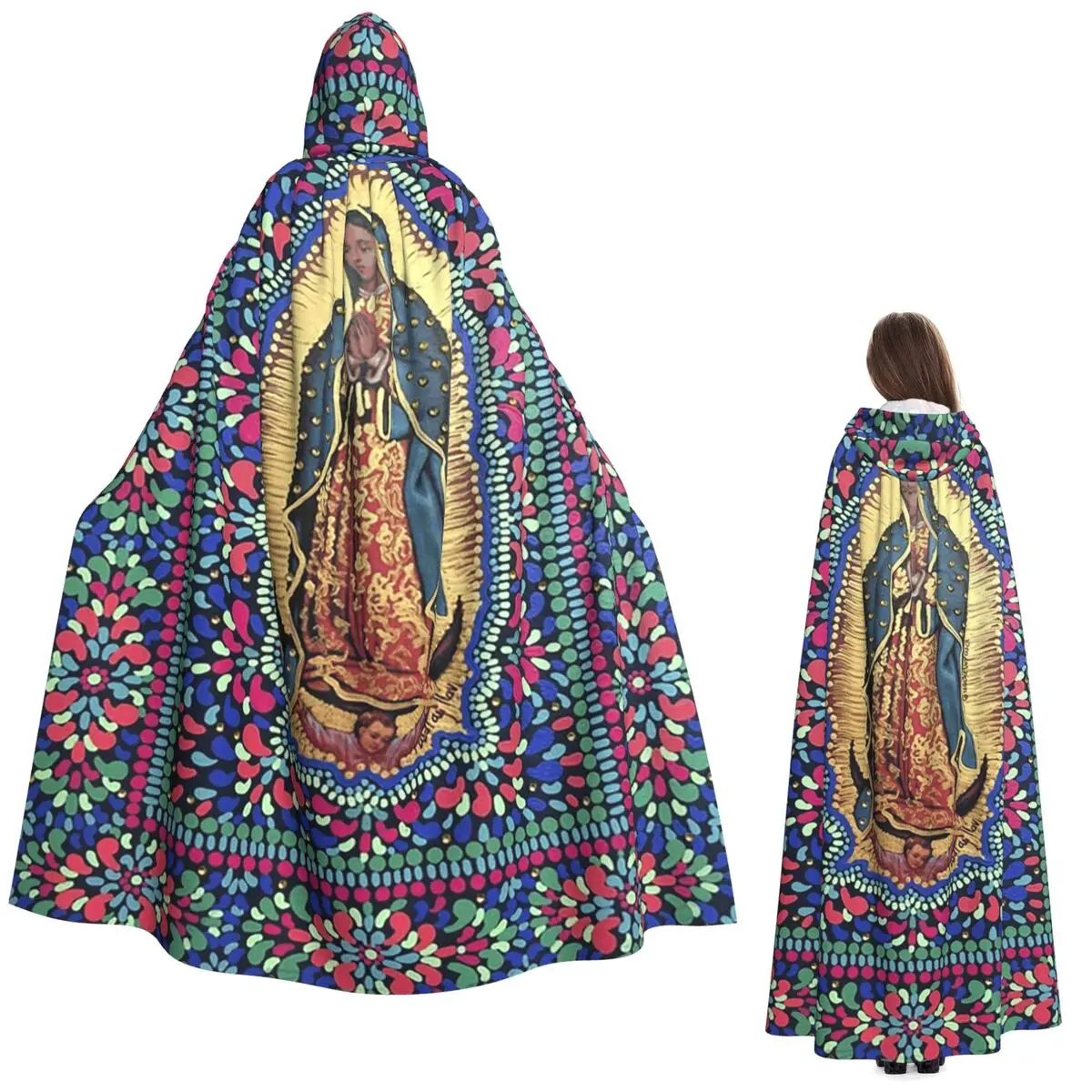 سيدة غوادالوبي مريم العذراء المكسيكي عباءة طويلة مقنعين الساحرة القرون الوسطى زي تأثيري كيب هالوين معطف الكبار للجنسين