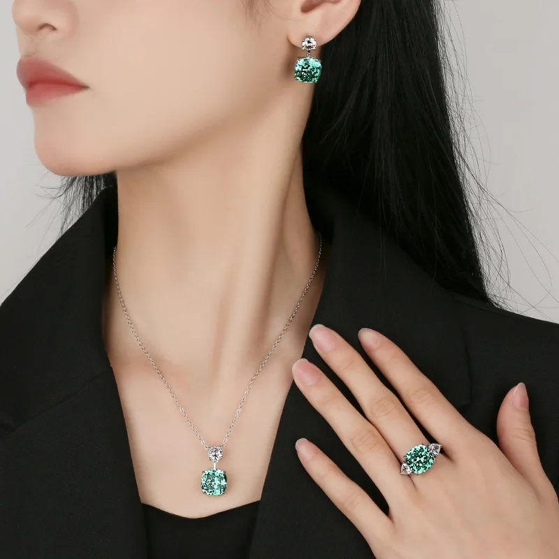 

Exquisite Square Cut Green Crystal Jewelry Necklace Adjustable Ring Earrings Dress Accessories Design Trendy Fashion for Women