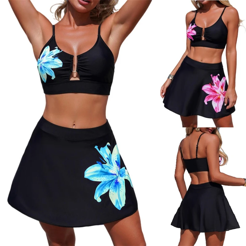 

2026 Two Pieces Womens Swimsuits Floral Swimwear Dresses Sets Tank Low Cut O-Neck Tops and Skirts Bathing Suit