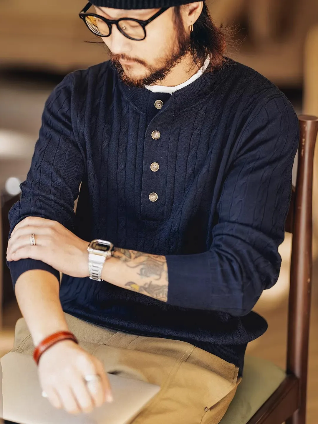 

Мужской вязаный свитер свободного кроя в американском ретро-стиле, зимний, модный, с воротником хенли, из овечьей шерсти, имитация двухслойности