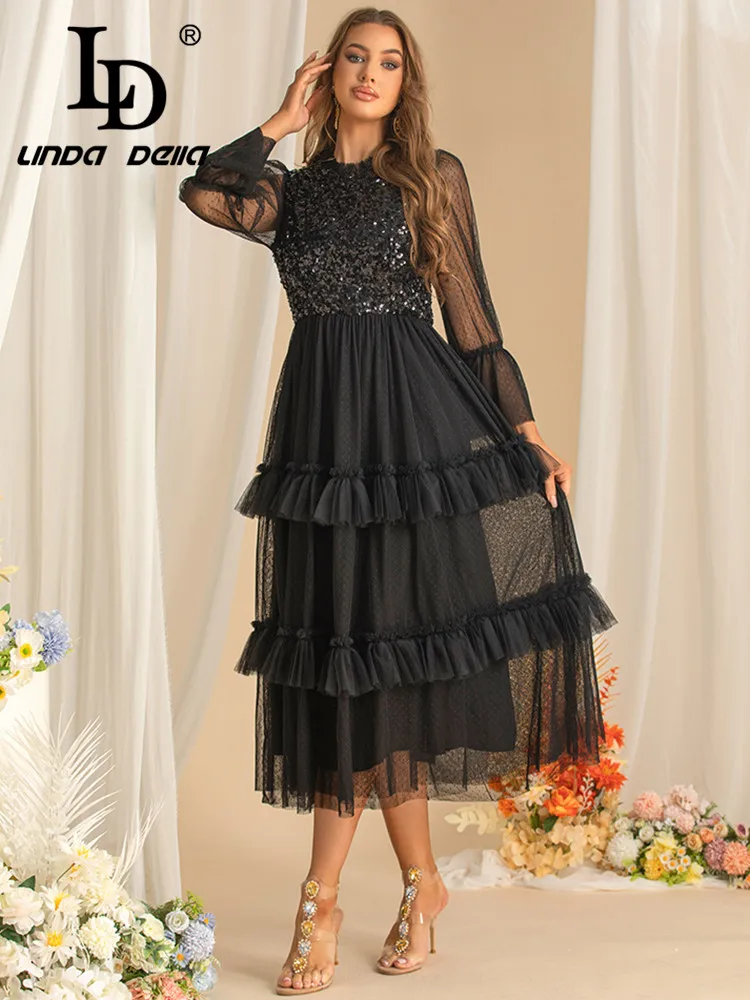 LD LINDA DELLA Women's Fashion Ball Gown Dress High waist Mesh Sequins Flounced Edge Flare Sleeved Elegant Dresses