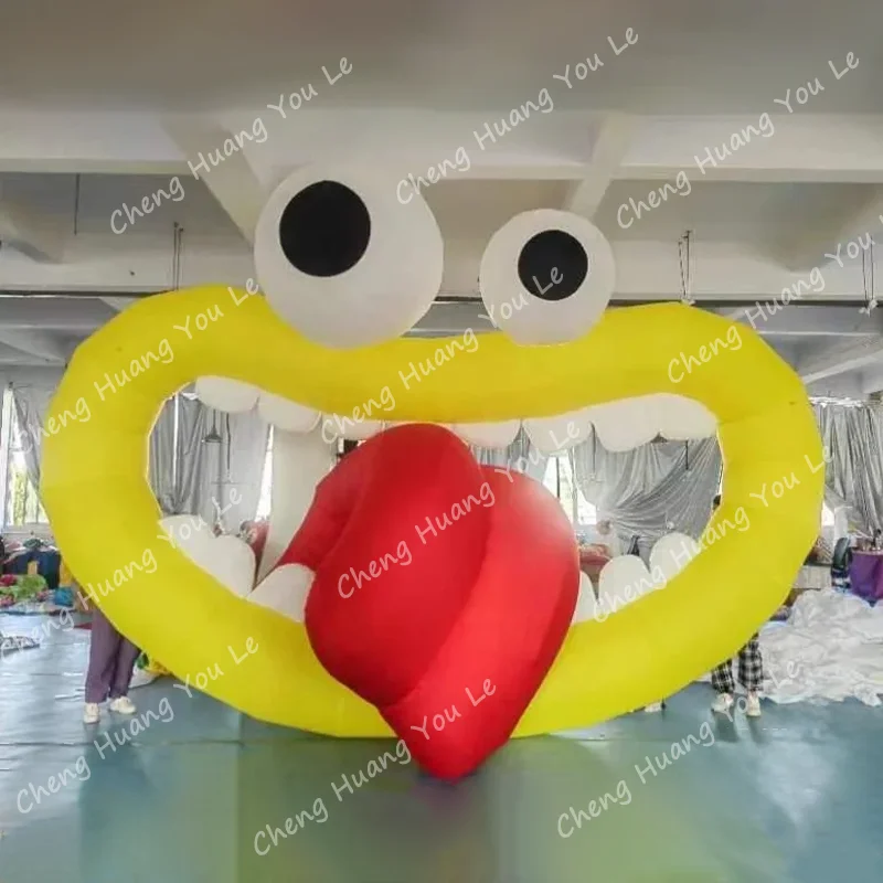 Opblaasbare grote mond cartoon podium prop enge cartoon prop opening lip gele pop voor kinderen park mall festival decoratie