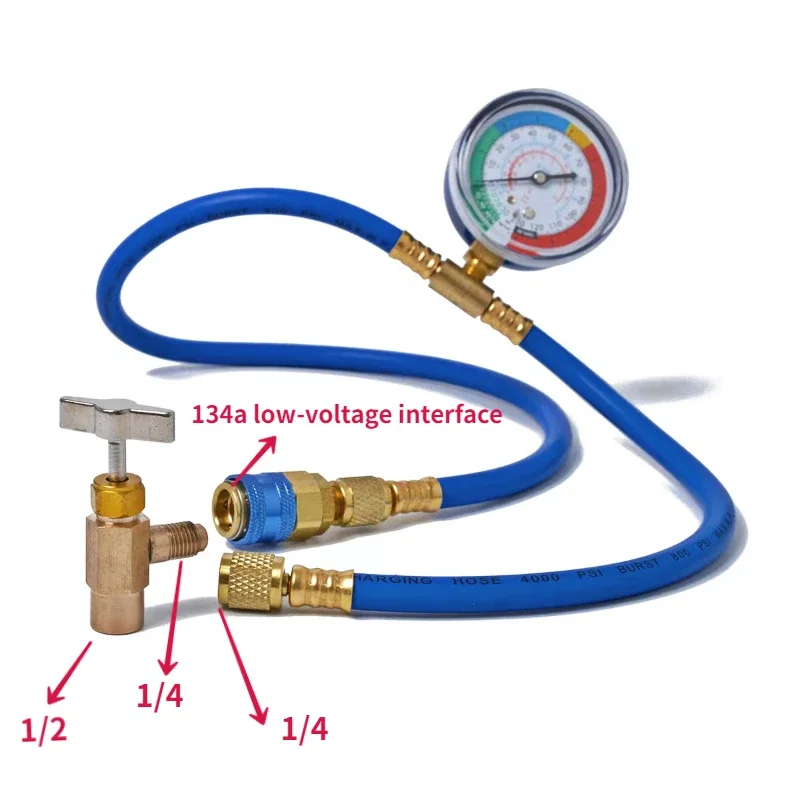 R134A Car AC Air Conditioning Refrigerant Recharge Hose W/ Pressure Gauge Measuring Kit Copper Auto Car Accessories 1/2“ 1/4
