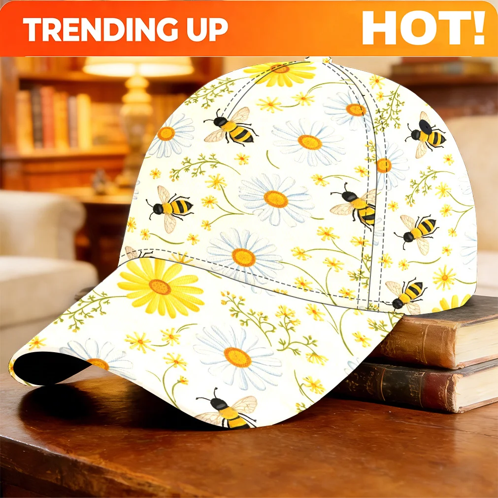 Customization 1pc 2D Flat Fresh Illustration Of Daisies And Bees Baseball Cap Fashion Patterned Cap Birthday Gift Printed Urban