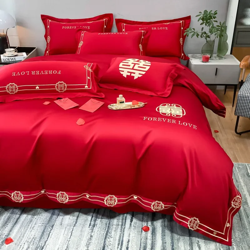 

Wedding Big Red Four Piece Set Pure Cotton 100 Embroidered Simple Wedding Bedding Set Bed Sheet Wedding Room Bed