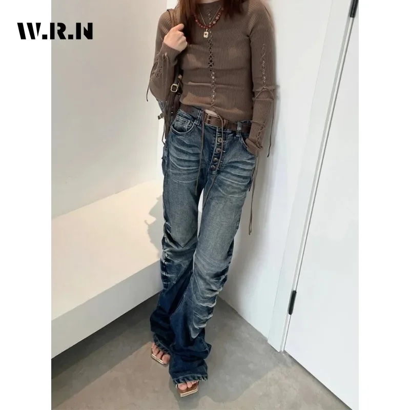 Women's Aesthetic Slim Fit High Waisted Jeans 2025 Winter Sheath Street Y2K Blue Pants Vintage Solid Hotsweet Denim Trouser