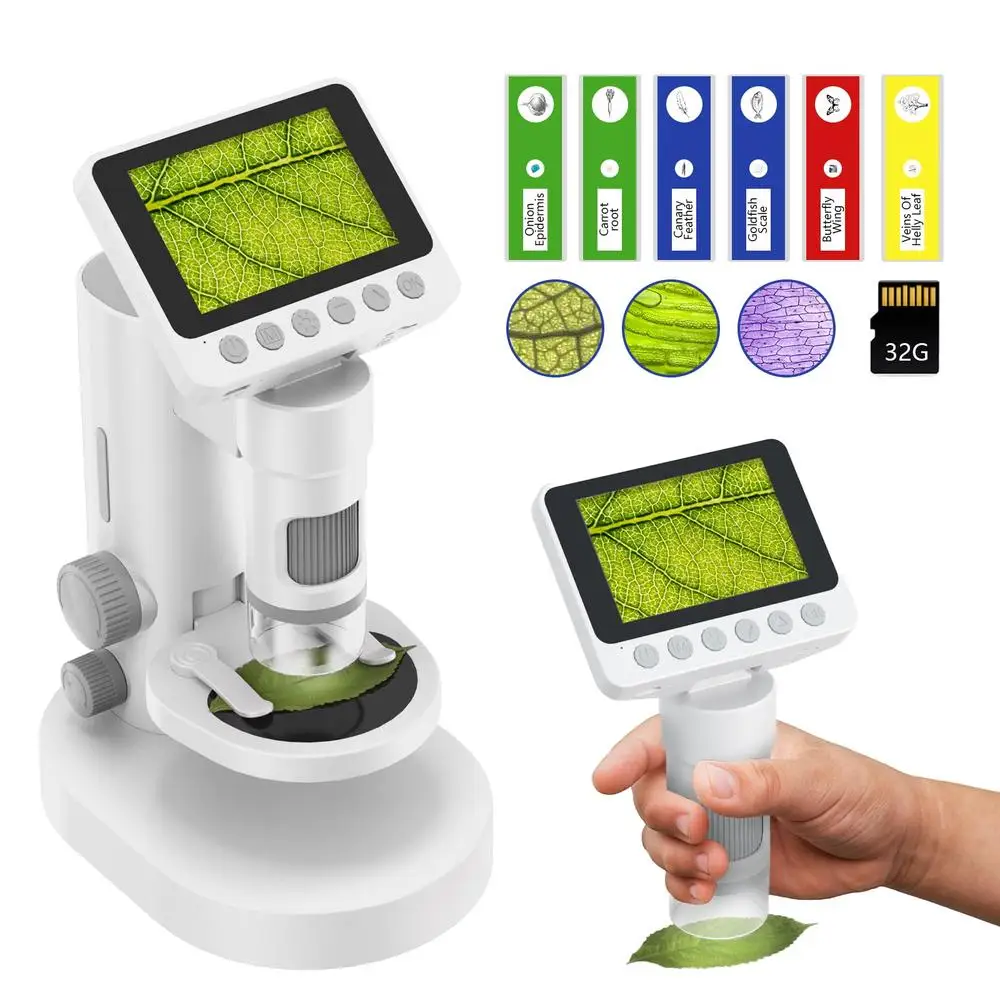 Kids Microscope 1000X Zoom Pocket Handheld Design 3.5'' HD Foldable Screen LED Lights RBG Staining 3-in-1 Education Toy Hobby