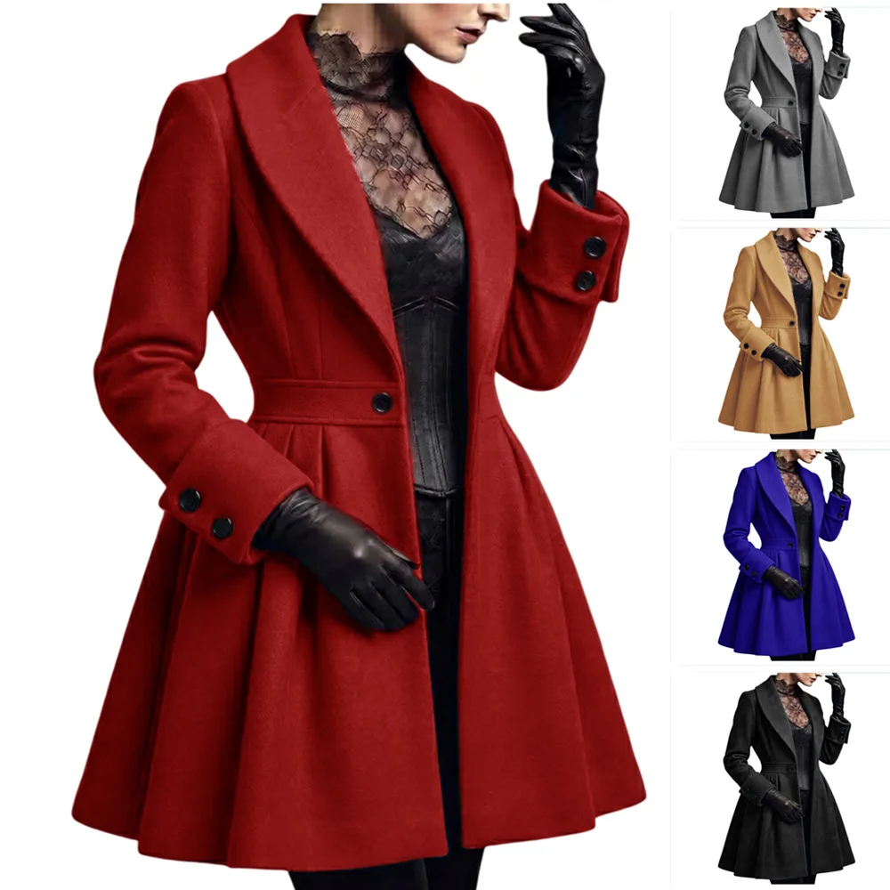 Women Mid Length Overcoat Wool Blends Buttons Classic Lapel Full Sleeve Trench Coat Pleated Work Y2k Streetwear Autumn Winter