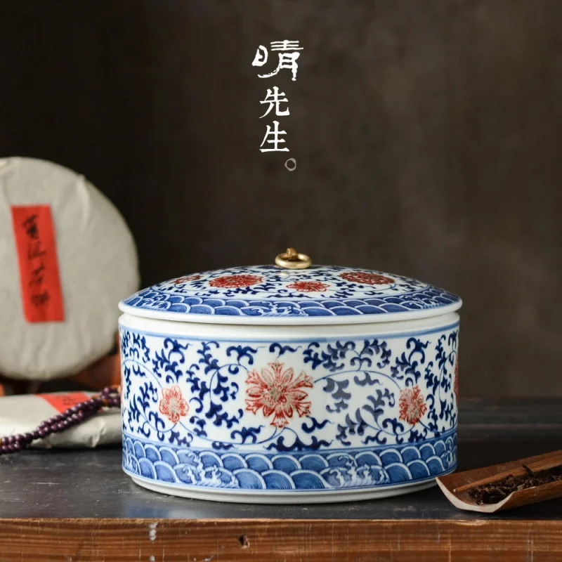 Jingdezhen Ceramics Hand Painted Blue and White Glazed Red Interlock Branch Lotus Pu'er Tea Tea Cake Storage Jar Tea Jar Decorat