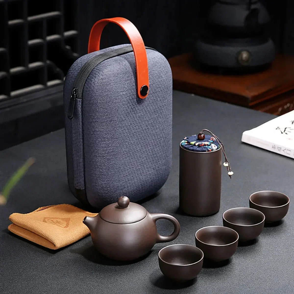 

Portable Chinese Travel Tea Set, Teapot Clay Set, Tea Ceremony, Camping, 4 Cups, Zi Shi, Ke Cup, Tea Pot Set