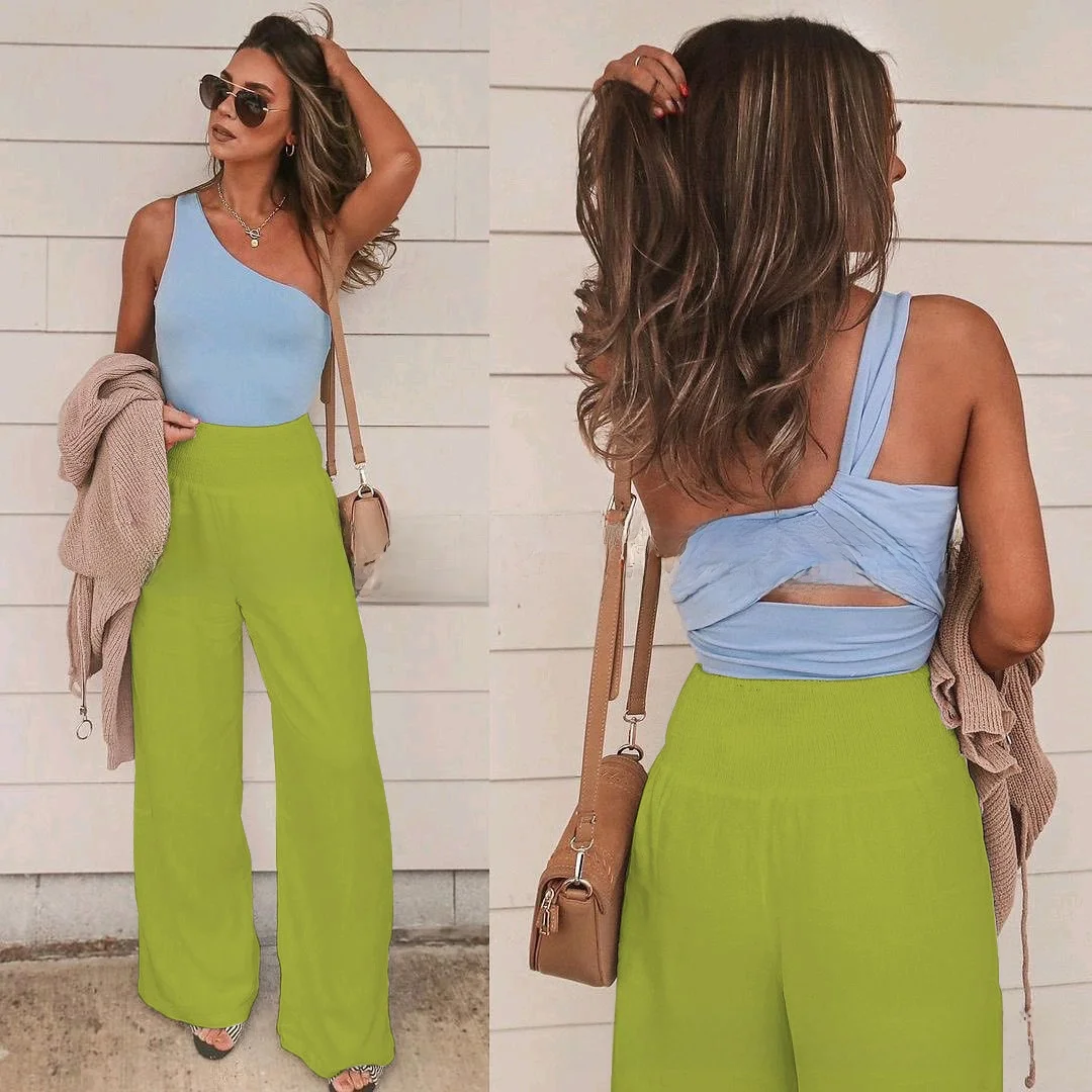 Pantalon Long décontracté en coton et lin pour femme, taille haute, élastique, coupe ample, couche de Base, taille haute, jambes larges, printemps été