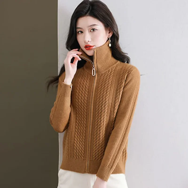 

Women Knitwear Sweater Spring Autumn Jacket 2025 New Lapel Long Sleeve All-Match Cardigan Sweater Women Zipper Coat Ladies Tops