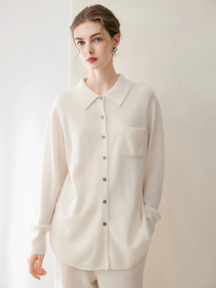 Simple 100% Pure Cashmere Lapel Cardigan Sweater Women's Autumn Winter Minimalist Solid Shirt Button Lazy Style Loose Knit Jacke
